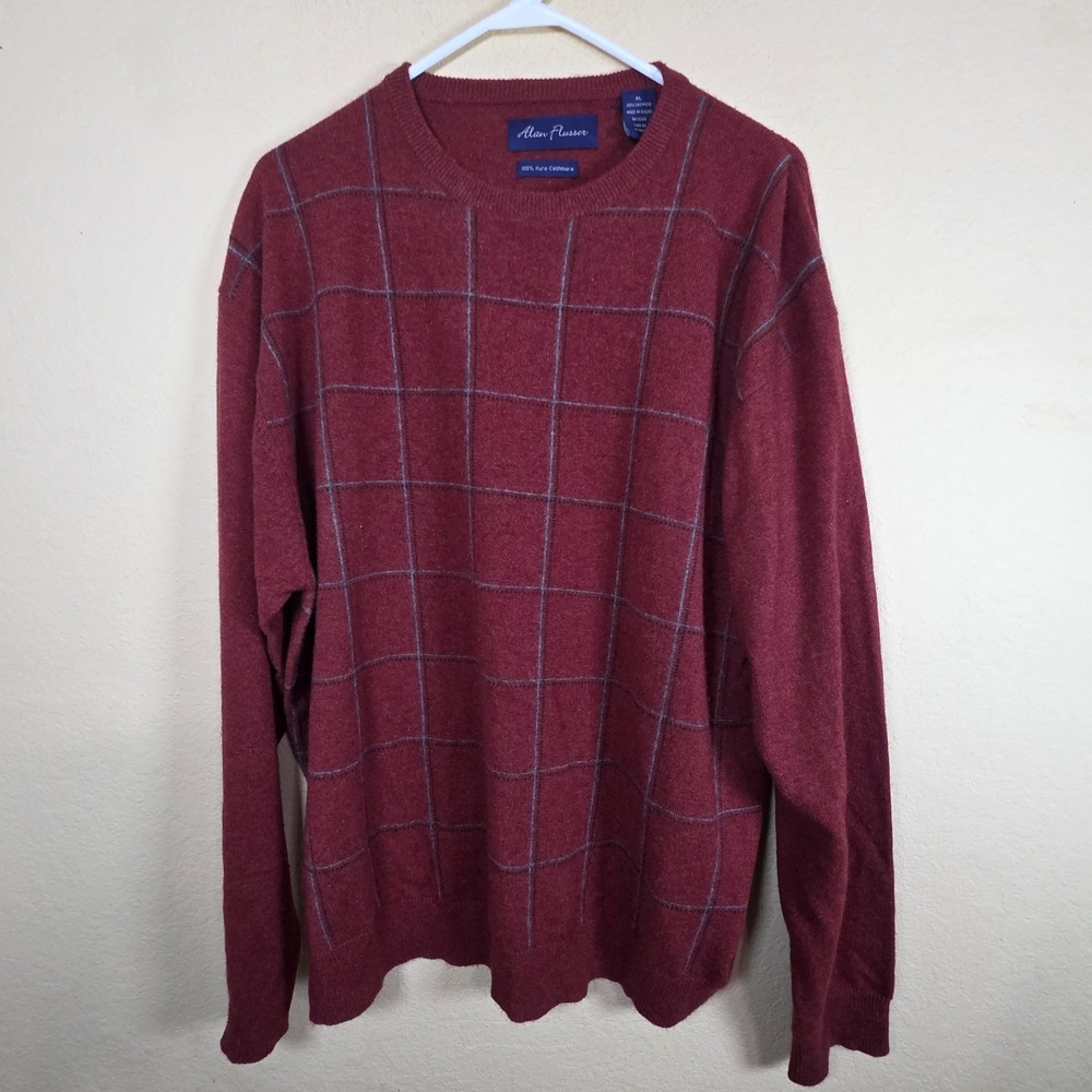 Men's Alan Flusser 100%  Cashmere Plum window pane Sweater XL‎ christmas work